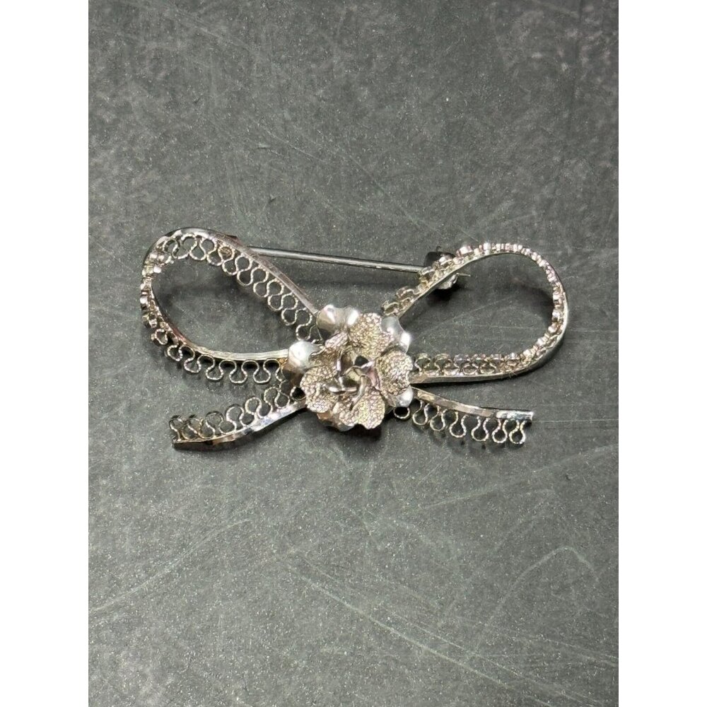 Vintage 925 Sterling Silver Star-Art Rose Filigree Bow Dress Pin Brooch New York - Picture 2 of 6
